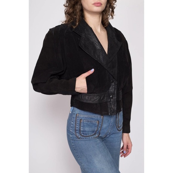 80s Black Leather Cropped Moto Jacket - Medium | Vintage Oversized Suede Coat - Picture 3 of 10